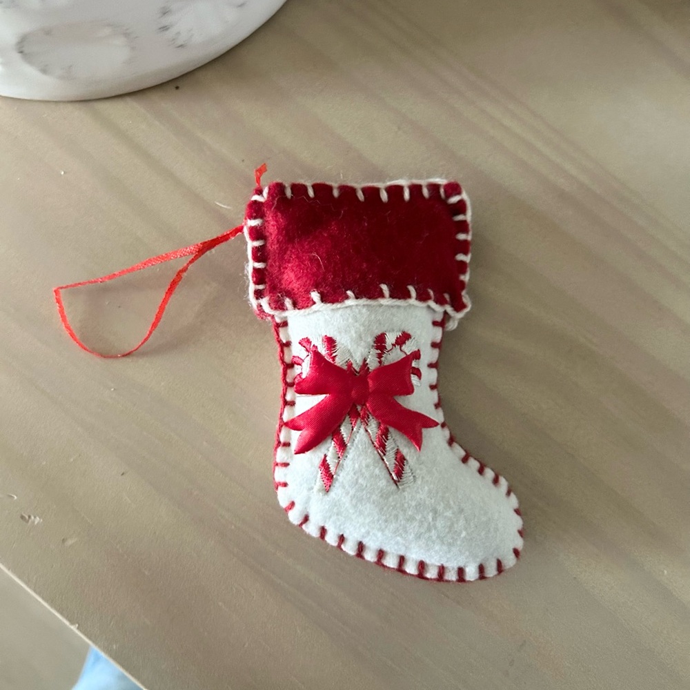 Vintage Felt Stuffed Festive Red White Candycane Stocking Christmas Ornament